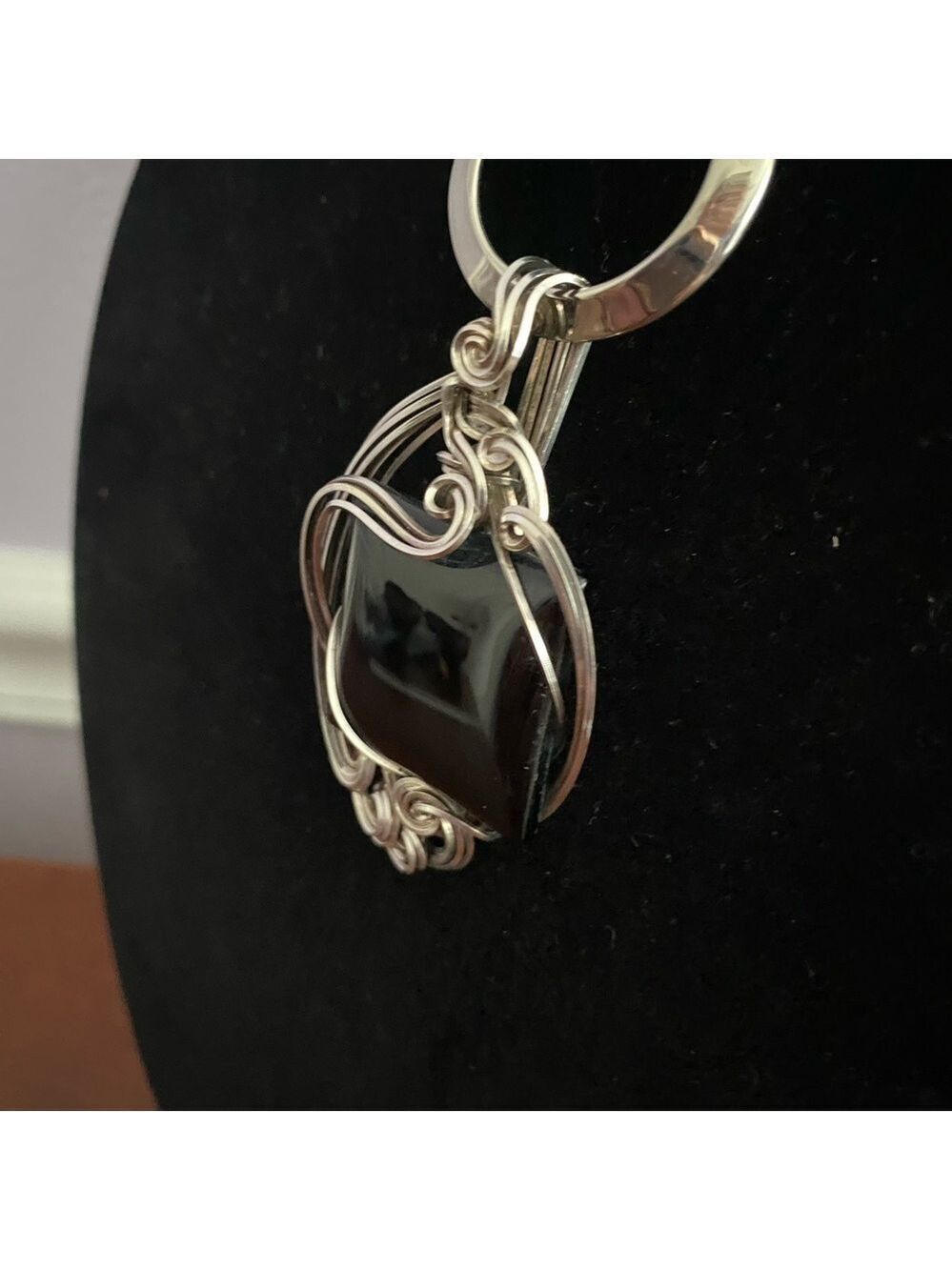 Onyx Pendant Handmade Twisted Silver Wire Wrap Artisan Statement - Picture 4 of 7